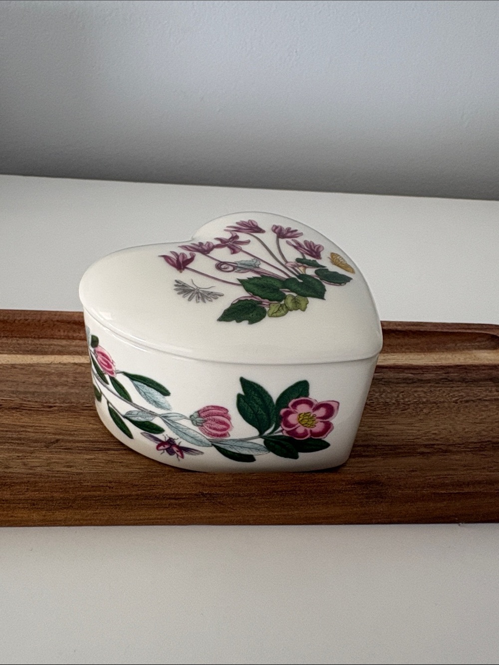 Portmeirion Heart-Shaped Floral Trinket Box - White with Green and Pink Accents